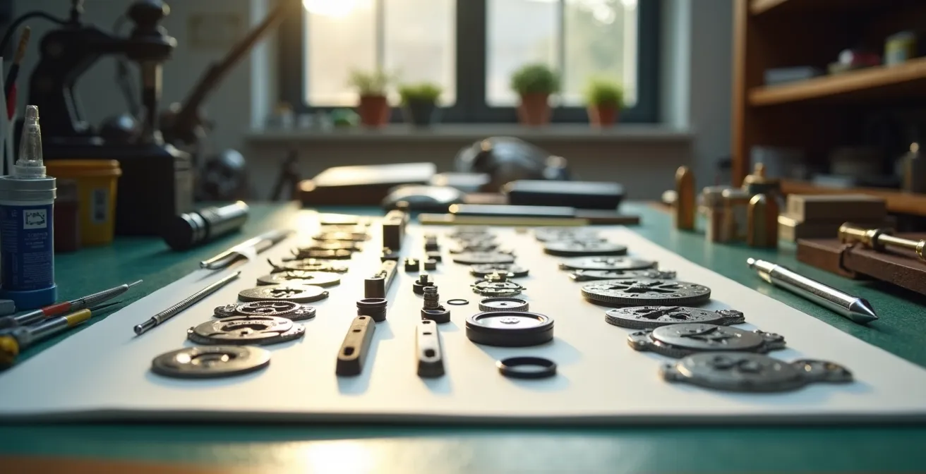 Banco de trabajo de relojero con herramientas y calibre desmontado