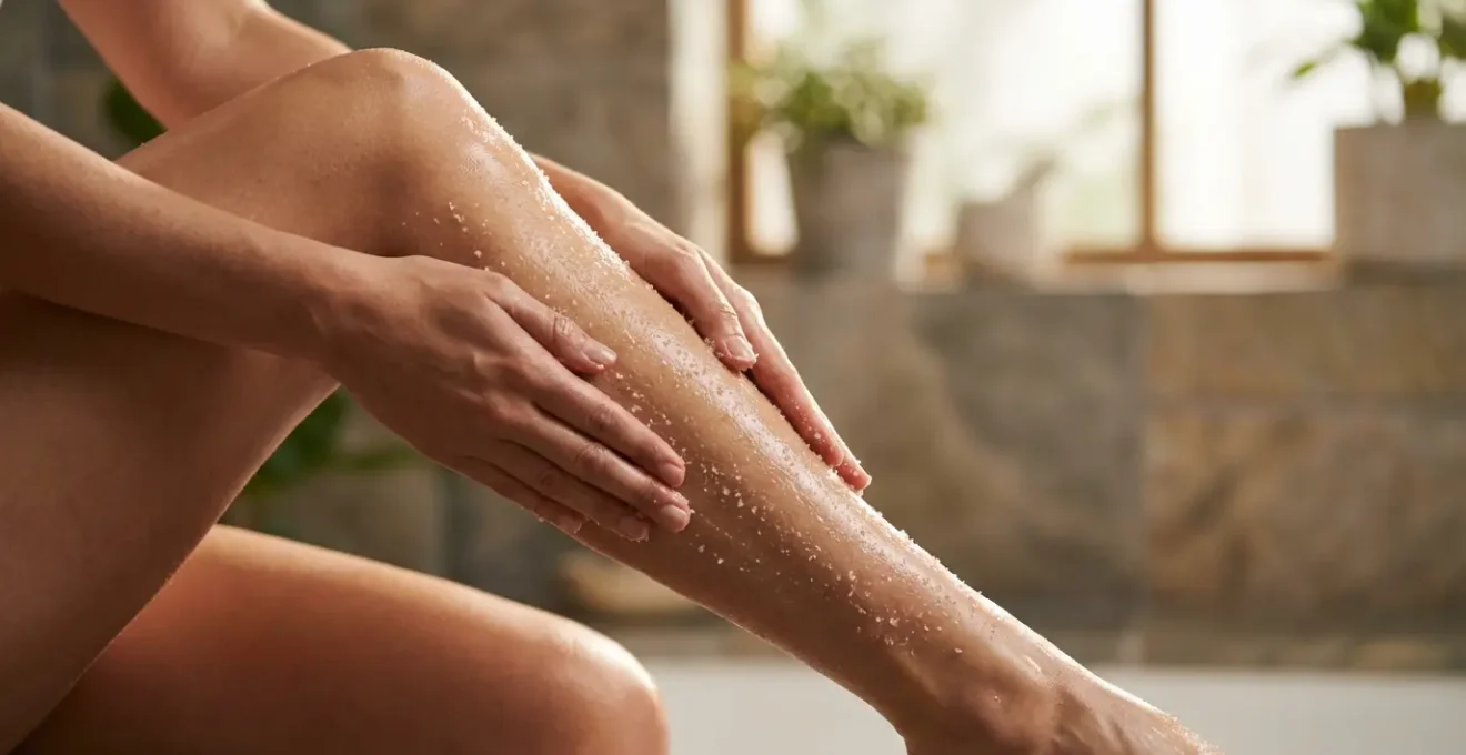 Manos realizando masaje ascendente en piernas con exfoliante