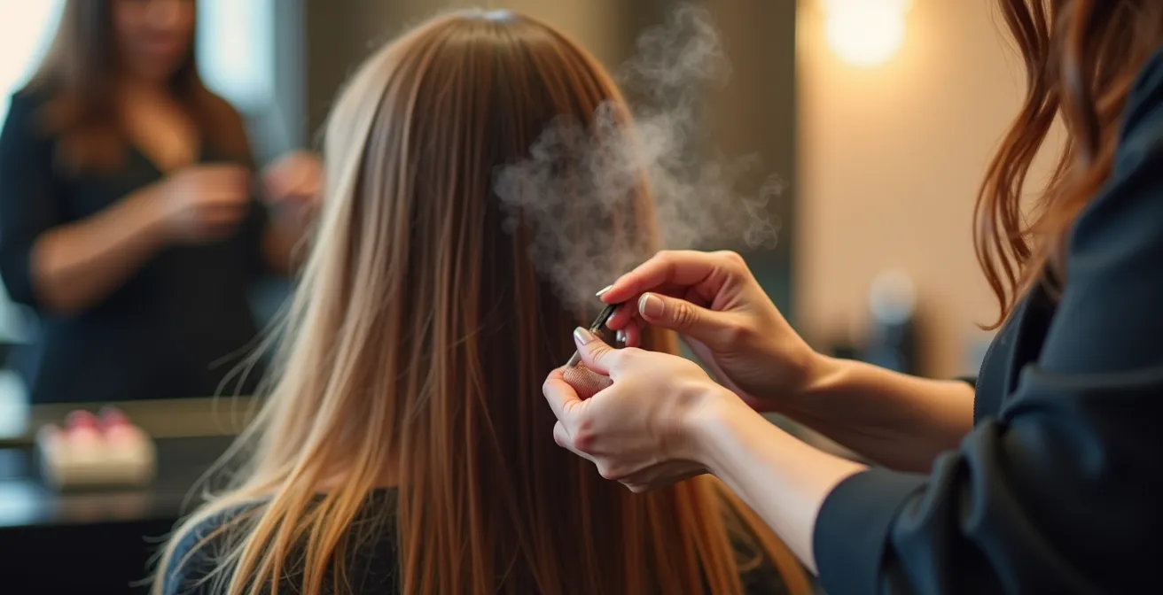 Manos de un estilista aplicando un tratamiento de reconstrucción molecular en el cabello de una clienta.