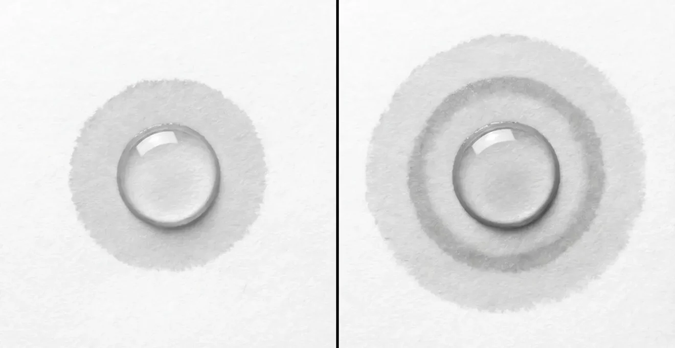 Prueba de absorción en papel secante mostrando diferencias entre aceite puro y adulterado