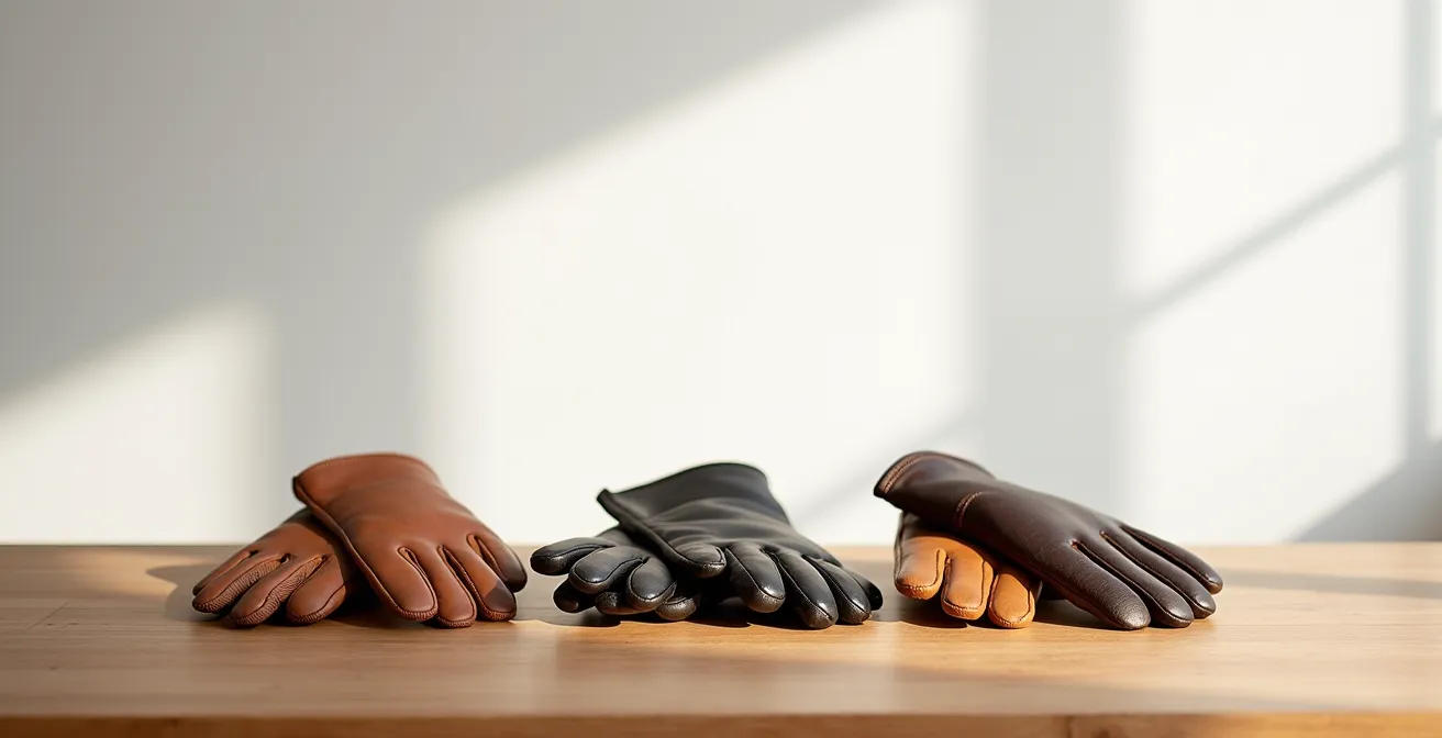 Comparación de diferentes tipos de piel para guantes mostrando texturas variadas