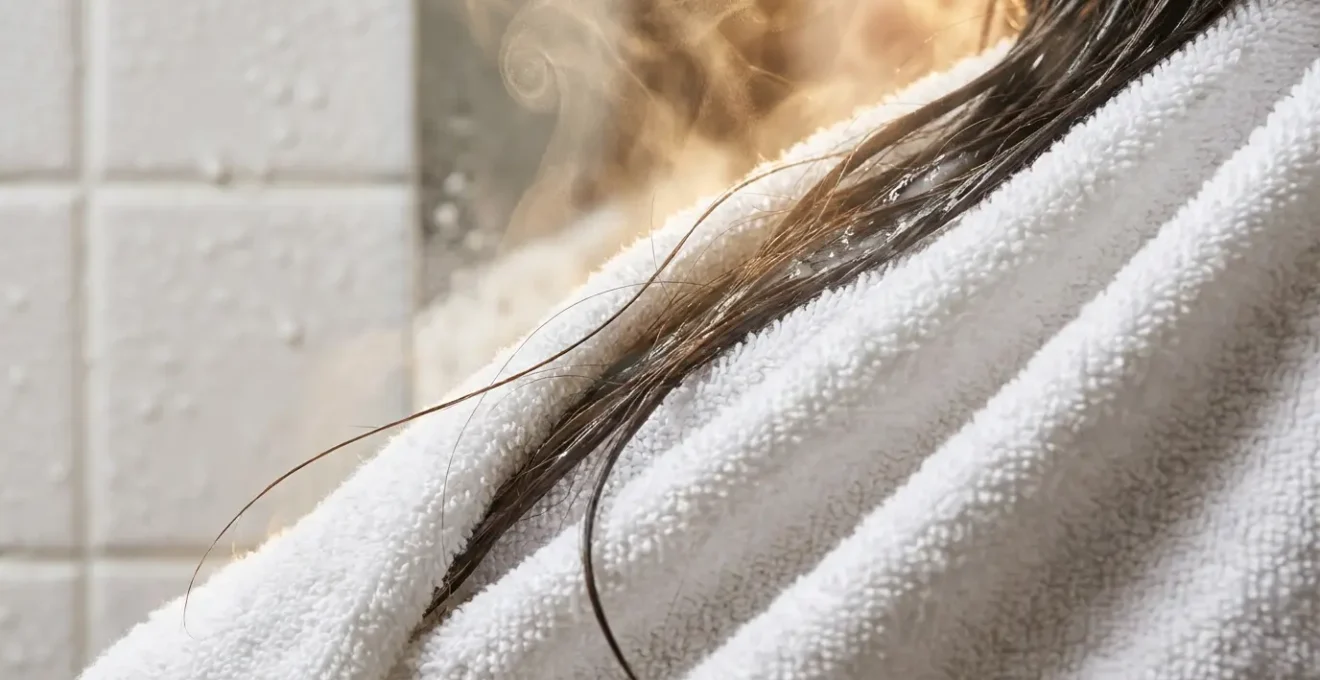 Detalle macro de cabello envuelto en toalla caliente con vapor visible y textura de fibras