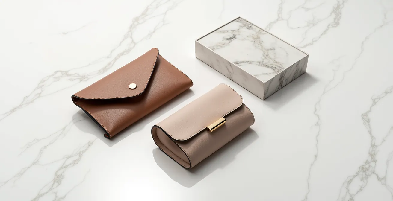 Vista superior de tres clutches con formas arquitectónicas clásicas sobre superficie minimalista