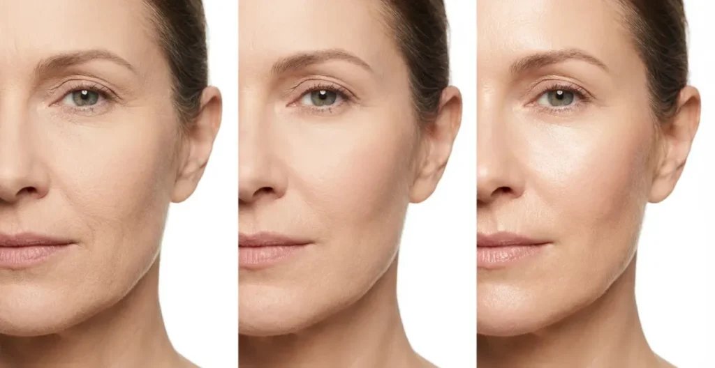 Comparación visual de diferentes acabados de maquillaje: mate, satinado y luminoso en piel madura Comparación visual de diferentes acabados de maquillaje: mate, satinado y luminoso en piel madura